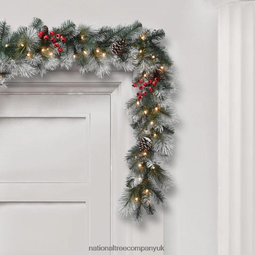 Greenery | National Tree Company Pre-Lit Artificial Christmas Garland Green Glacier Pine White Lights Decorated With Pine Cones Berry Clusters Frosted Branches Plug In Christmas Collection 9